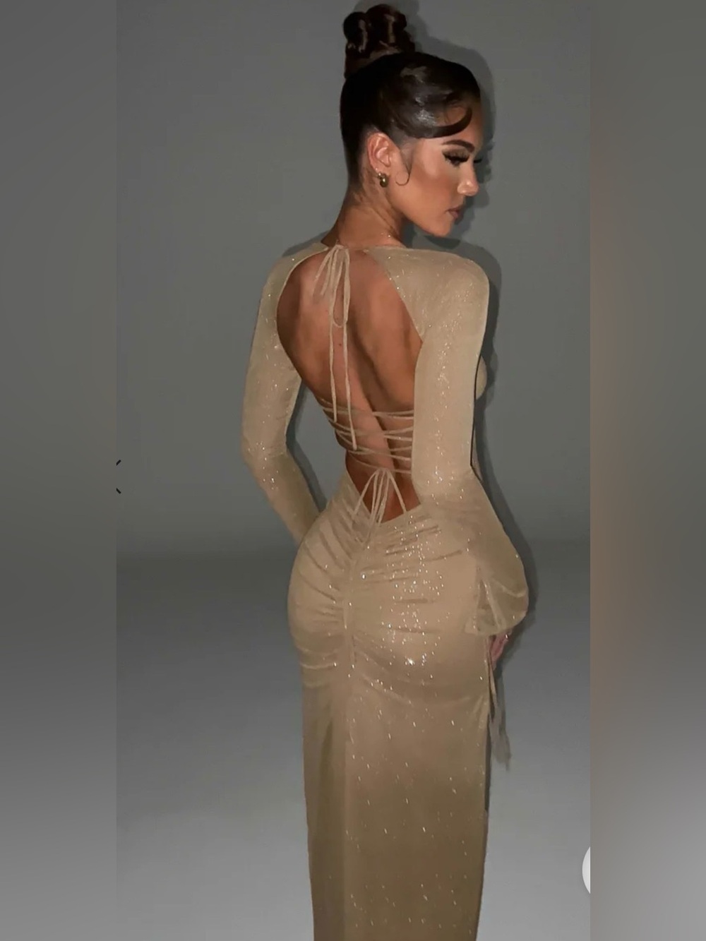 Babyboo Nadia Backless Long Sleeve Sparkle Maxi Dress